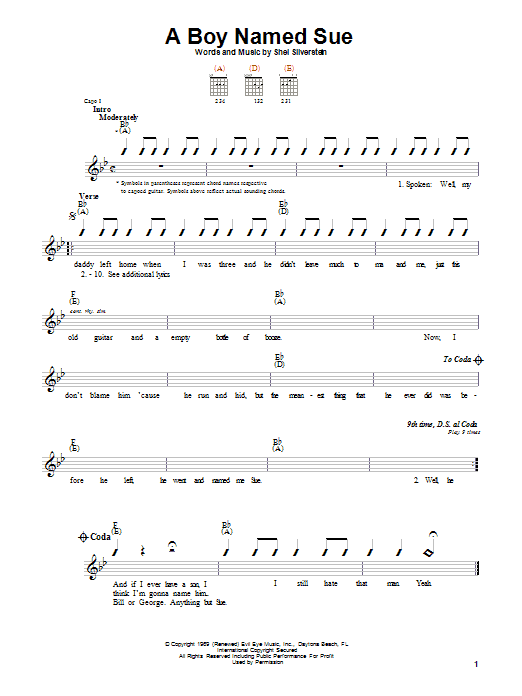 Johnny Cash A Boy Named Sue Sheet Music Notes & Chords for Guitar with strumming patterns - Download or Print PDF