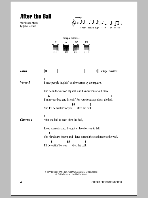 Johnny Cash After The Ball Sheet Music Notes & Chords for Piano, Vocal & Guitar (Right-Hand Melody) - Download or Print PDF