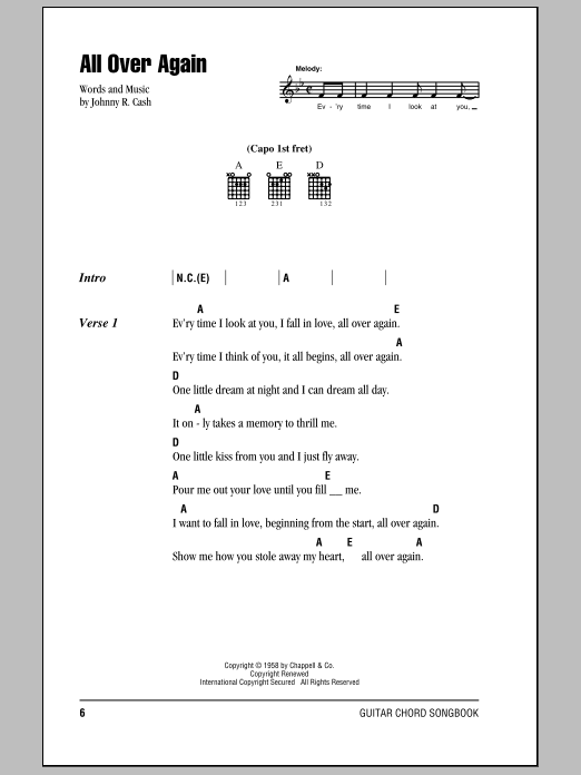 Johnny Cash All Over Again Sheet Music Notes & Chords for Easy Guitar Tab - Download or Print PDF