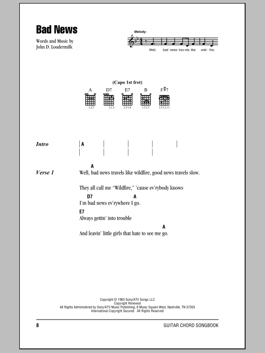 Johnny Cash Bad News Sheet Music Notes & Chords for Piano, Vocal & Guitar (Right-Hand Melody) - Download or Print PDF