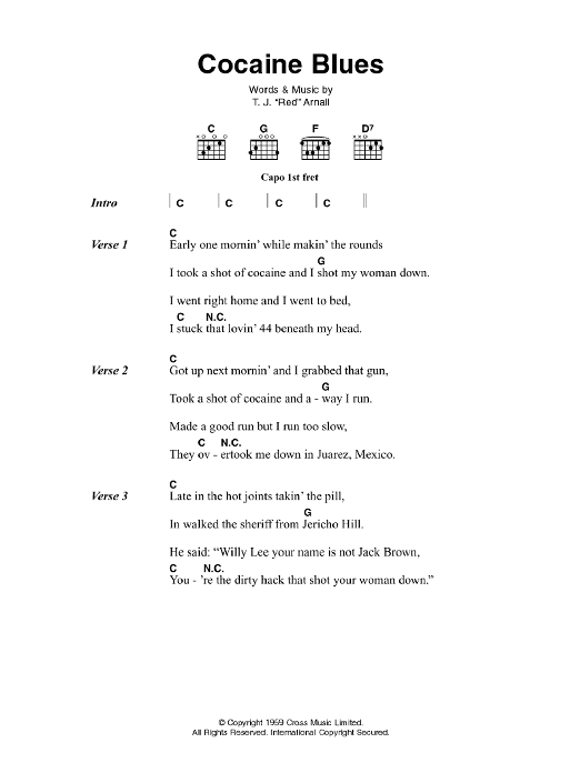 Johnny Cash Cocaine Blues Sheet Music Notes & Chords for Lyrics & Chords - Download or Print PDF