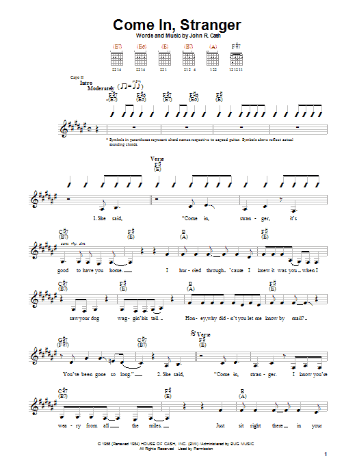 Johnny Cash Come In, Stranger Sheet Music Notes & Chords for Lyrics & Chords - Download or Print PDF