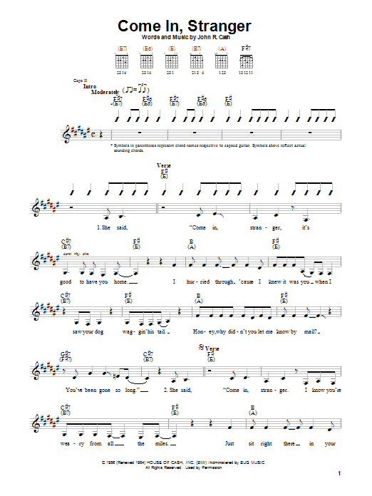 Johnny Cash Come In, Stranger Sheet Music Notes & Chords for Guitar with strumming patterns - Download or Print PDF
