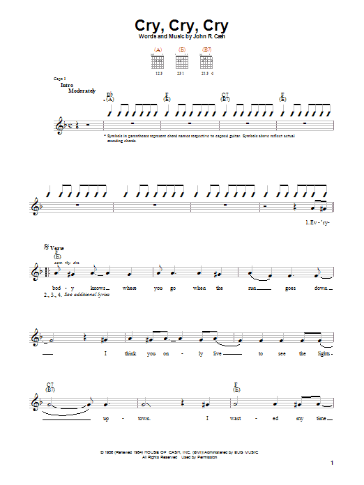 Johnny Cash Cry, Cry, Cry Sheet Music Notes & Chords for Lyrics & Chords - Download or Print PDF