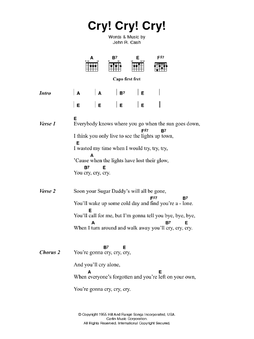 Johnny Cash Cry! Cry! Cry! Sheet Music Notes & Chords for Lyrics & Chords - Download or Print PDF