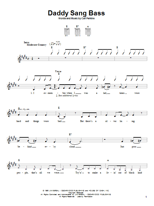 Johnny Cash Daddy Sang Bass Sheet Music Notes & Chords for Piano, Vocal & Guitar (Right-Hand Melody) - Download or Print PDF