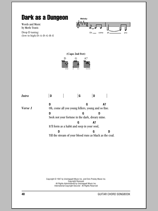 Johnny Cash Dark As A Dungeon Sheet Music Notes & Chords for Piano, Vocal & Guitar (Right-Hand Melody) - Download or Print PDF