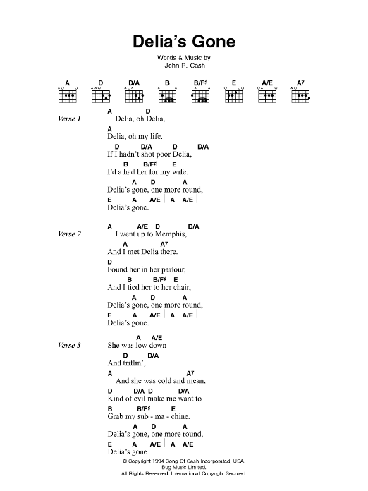 Johnny Cash Delia's Gone Sheet Music Notes & Chords for Lyrics & Chords - Download or Print PDF