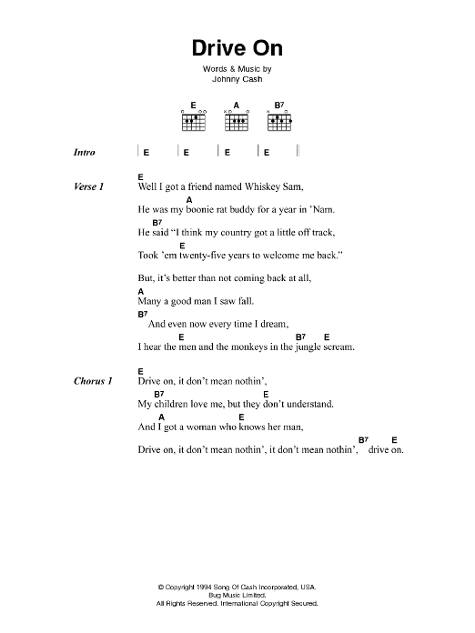 Johnny Cash Drive On Sheet Music Notes & Chords for Lyrics & Chords - Download or Print PDF