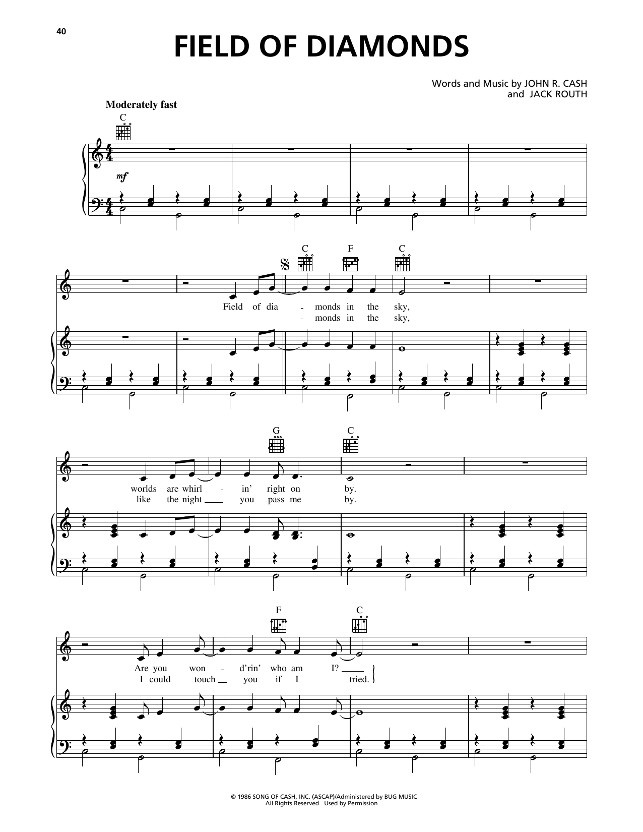 Johnny Cash Field Of Diamonds Sheet Music Notes & Chords for Piano, Vocal & Guitar (Right-Hand Melody) - Download or Print PDF