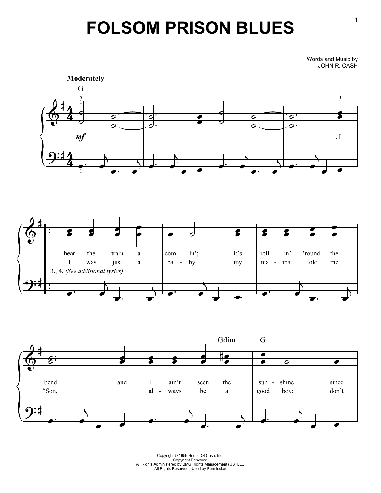 Johnny Cash Folsom Prison Blues Sheet Music Notes & Chords for Piano, Vocal & Guitar (Right-Hand Melody) - Download or Print PDF