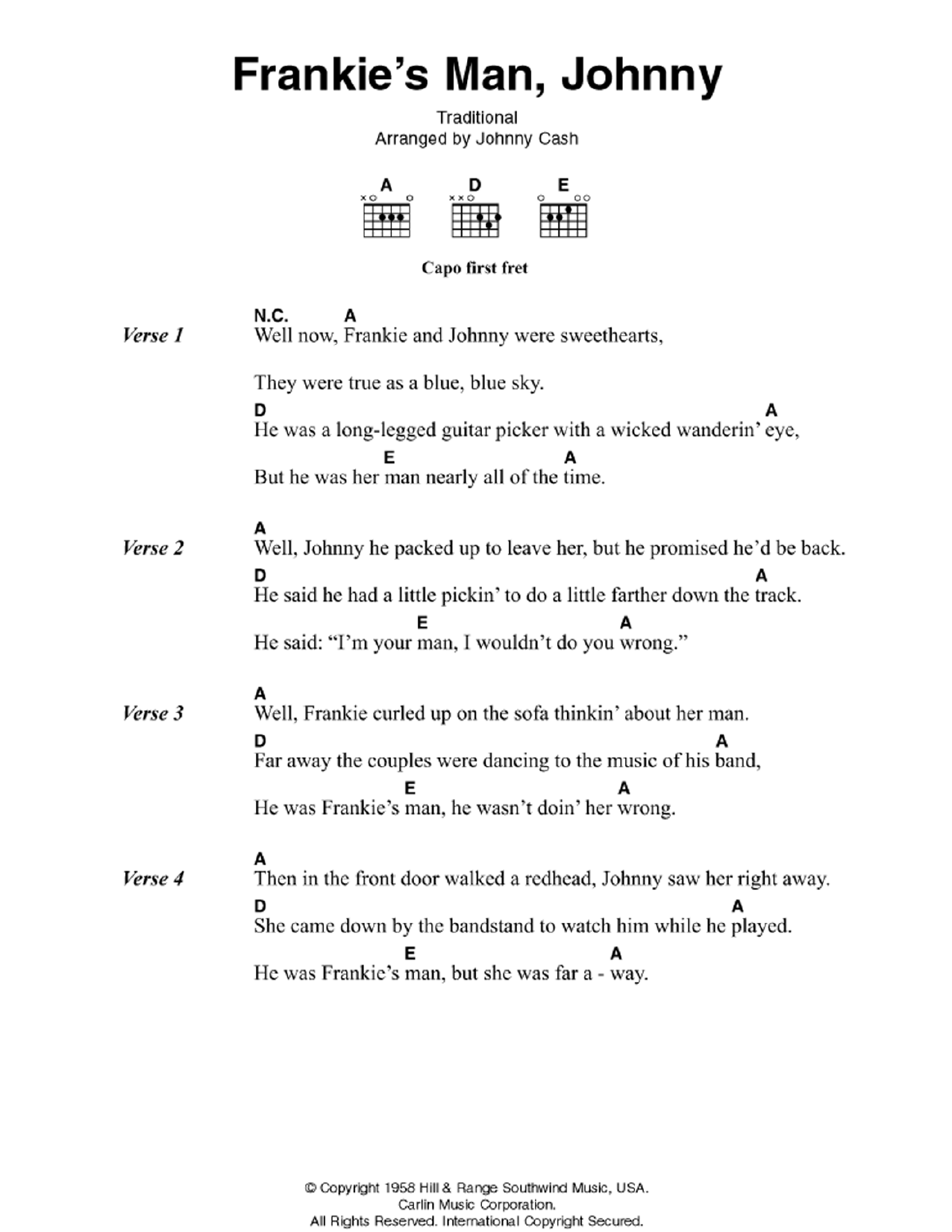 Johnny Cash Frankie's Man, Johnny Sheet Music Notes & Chords for Piano, Vocal & Guitar (Right-Hand Melody) - Download or Print PDF