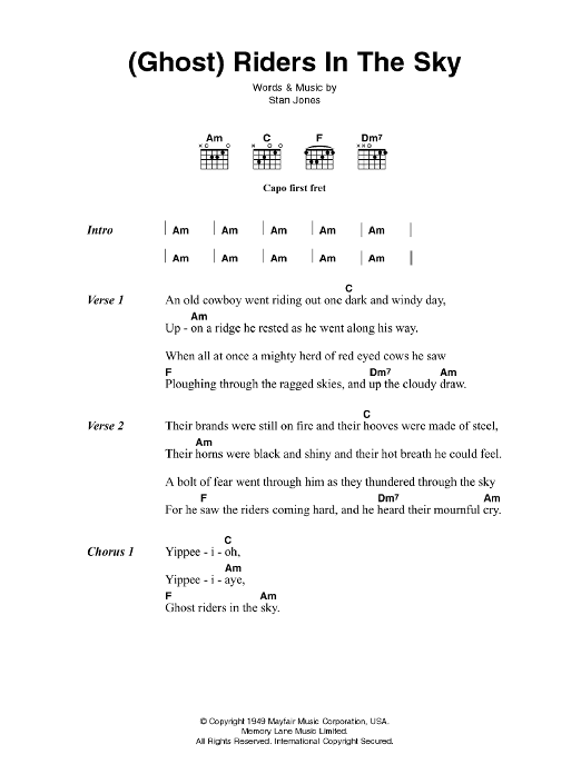 Johnny Cash Ghost Riders In The Sky Sheet Music Notes & Chords for Lyrics & Chords - Download or Print PDF