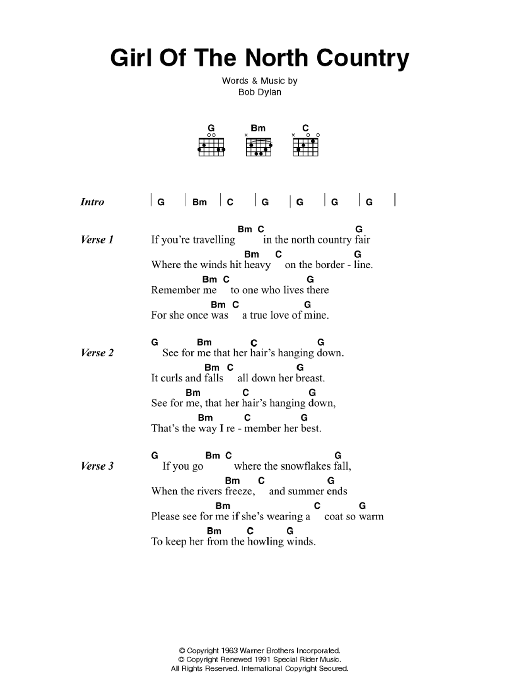 Bob Dylan Girl Of The North Country Sheet Music Notes & Chords for Lyrics & Chords - Download or Print PDF