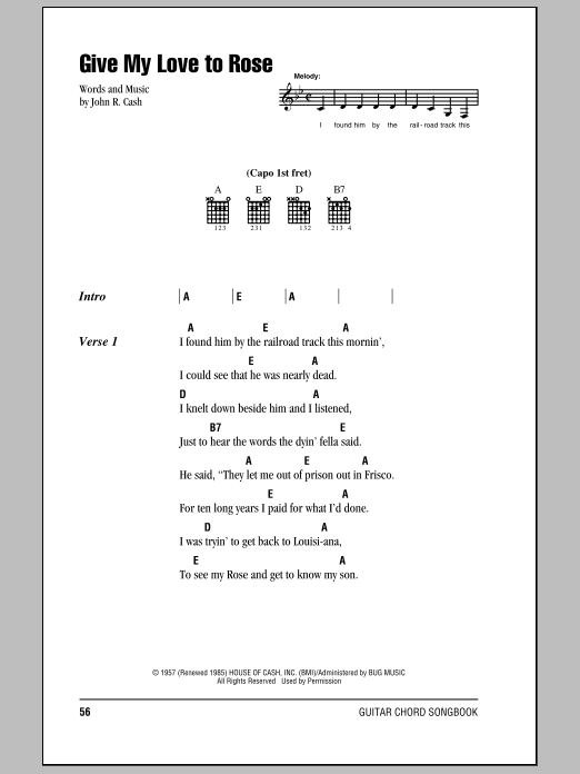 Johnny Cash Give My Love To Rose Sheet Music Notes & Chords for Piano, Vocal & Guitar (Right-Hand Melody) - Download or Print PDF