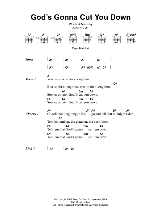 Johnny Cash God's Gonna Cut You Down Sheet Music Notes & Chords for Lyrics & Chords - Download or Print PDF