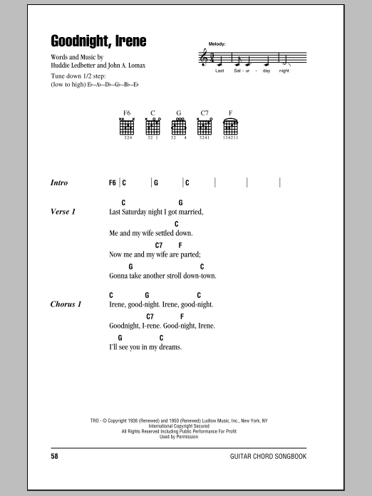 Johnny Cash Goodnight, Irene Sheet Music Notes & Chords for Piano, Vocal & Guitar (Right-Hand Melody) - Download or Print PDF