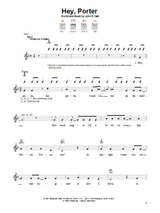 Johnny Cash Hey, Porter Sheet Music Notes & Chords for Lyrics & Chords - Download or Print PDF