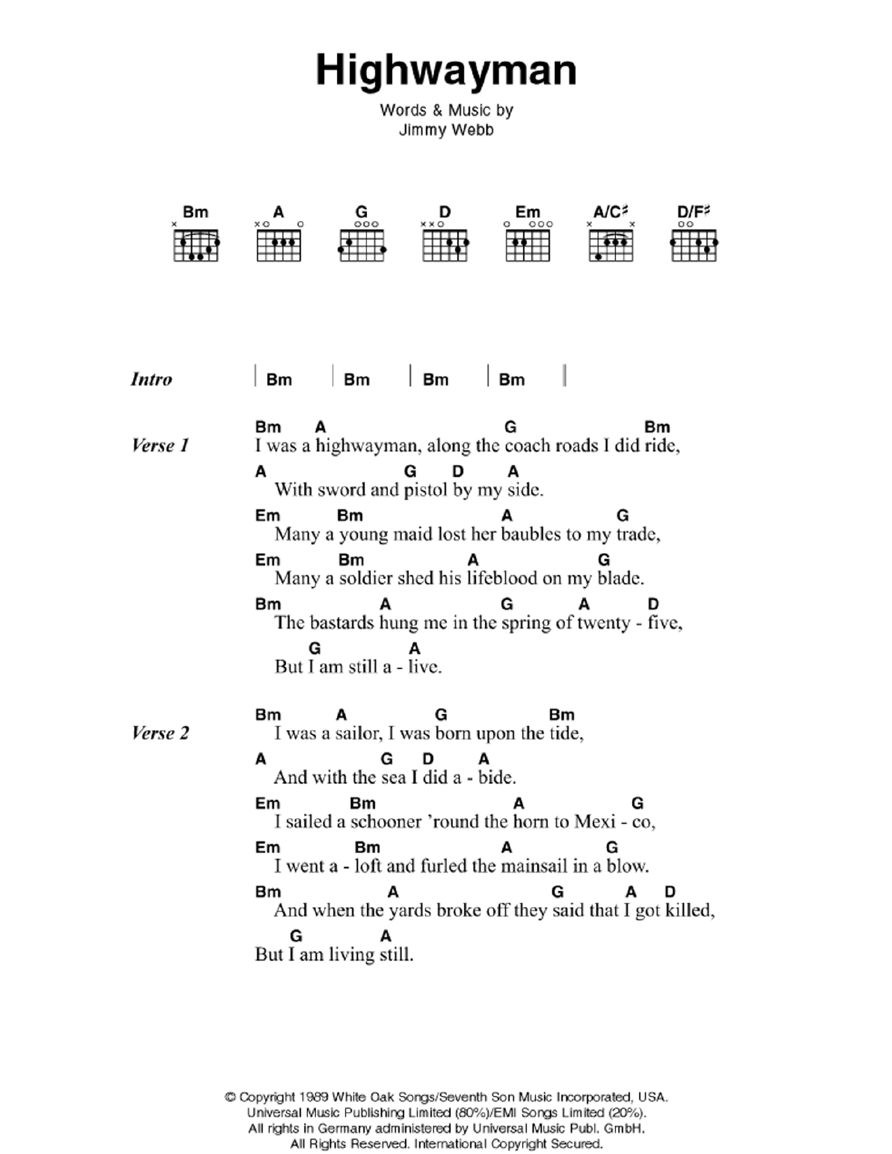 Johnny Cash Highwayman Sheet Music Notes & Chords for Guitar Chords/Lyrics - Download or Print PDF