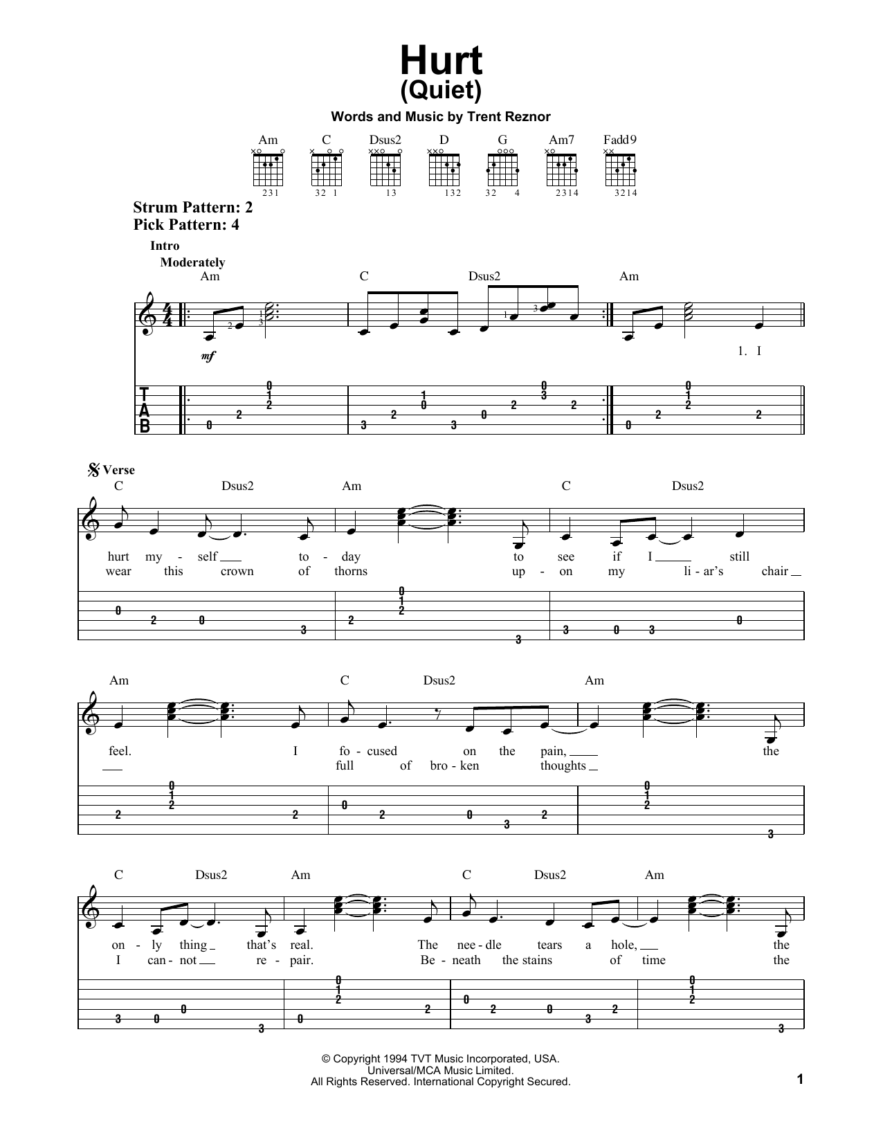 Johnny Cash Hurt (Quiet) Sheet Music Notes & Chords for Easy Guitar Tab - Download or Print PDF