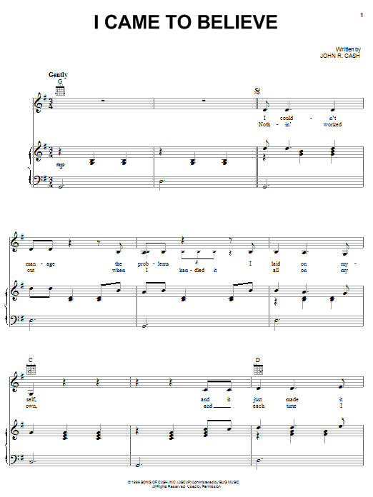 Johnny Cash I Came To Believe Sheet Music Notes & Chords for Piano, Vocal & Guitar (Right-Hand Melody) - Download or Print PDF
