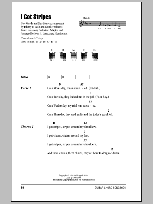 Johnny Cash I Got Stripes Sheet Music Notes & Chords for Piano, Vocal & Guitar (Right-Hand Melody) - Download or Print PDF