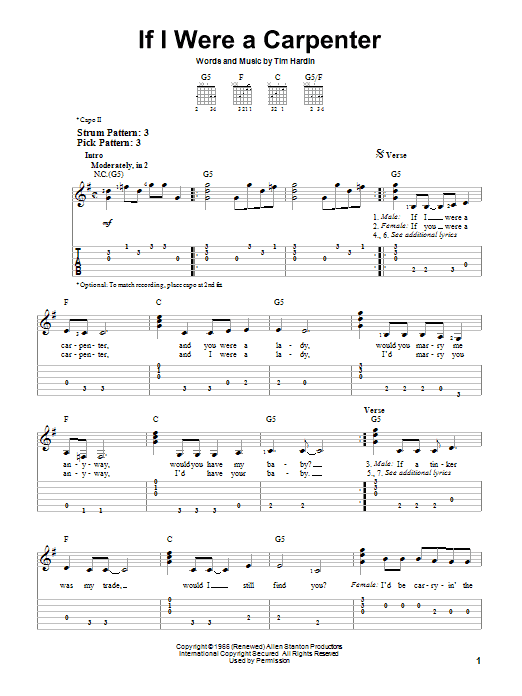 Johnny Cash If I Were A Carpenter Sheet Music Notes & Chords for Easy Guitar Tab - Download or Print PDF