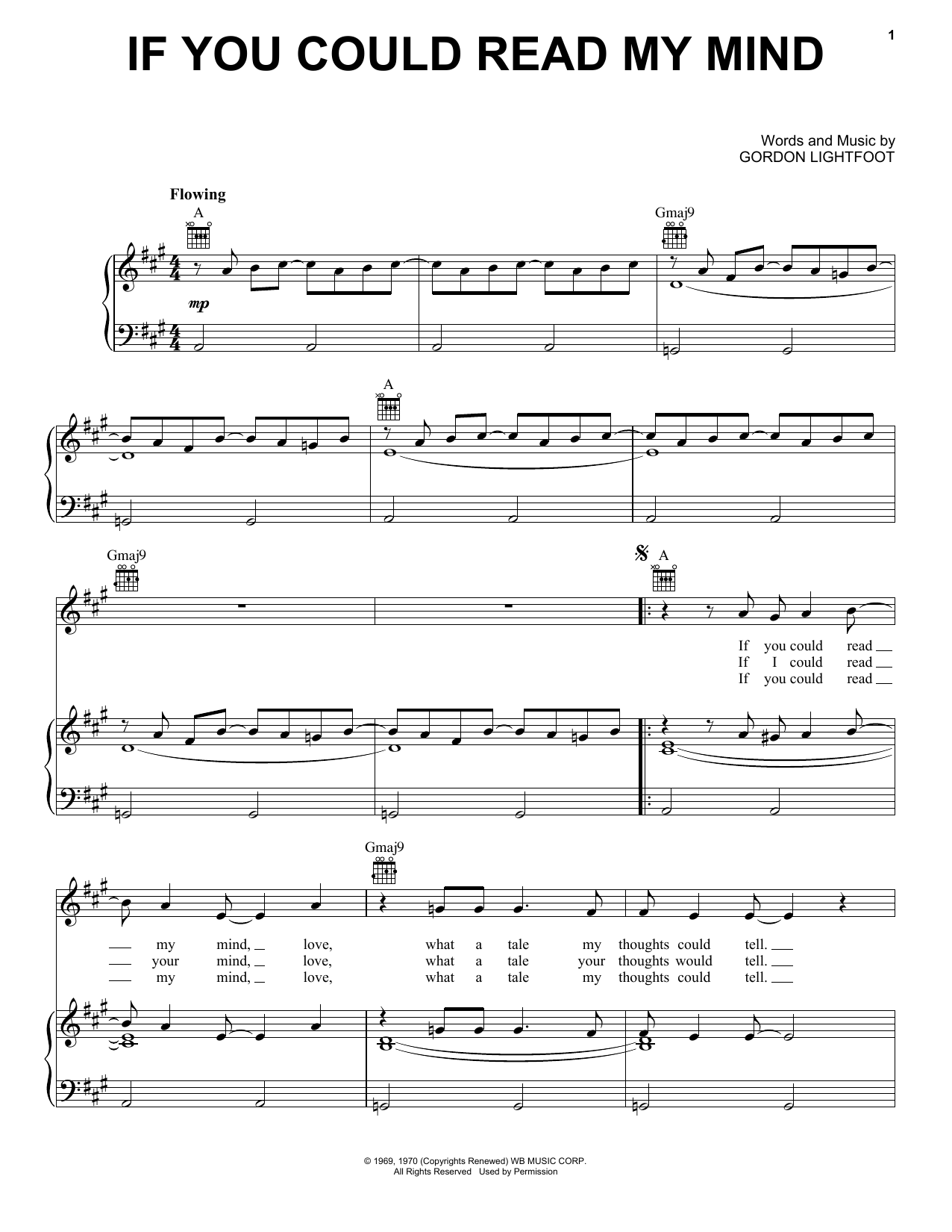 Gordon Lightfoot If You Could Read My Mind Sheet Music Notes & Chords for Piano, Vocal & Guitar (Right-Hand Melody) - Download or Print PDF