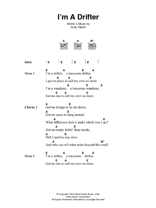 Johnny Cash I'm A Drifter Sheet Music Notes & Chords for Lyrics & Chords - Download or Print PDF