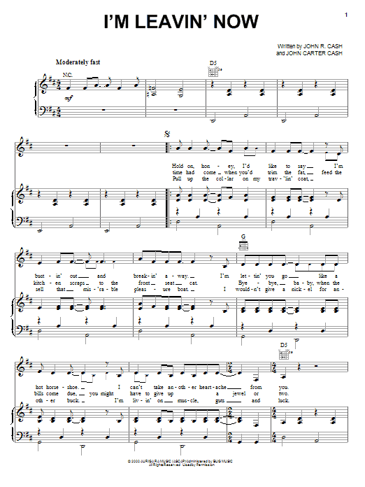 Johnny Cash I'm Leavin' Now Sheet Music Notes & Chords for Piano, Vocal & Guitar (Right-Hand Melody) - Download or Print PDF