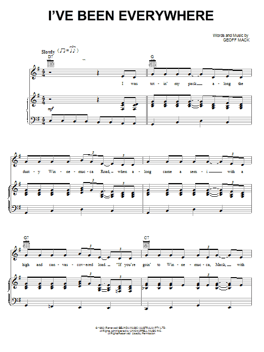 Johnny Cash I've Been Everywhere Sheet Music Notes & Chords for Piano, Vocal & Guitar (Right-Hand Melody) - Download or Print PDF