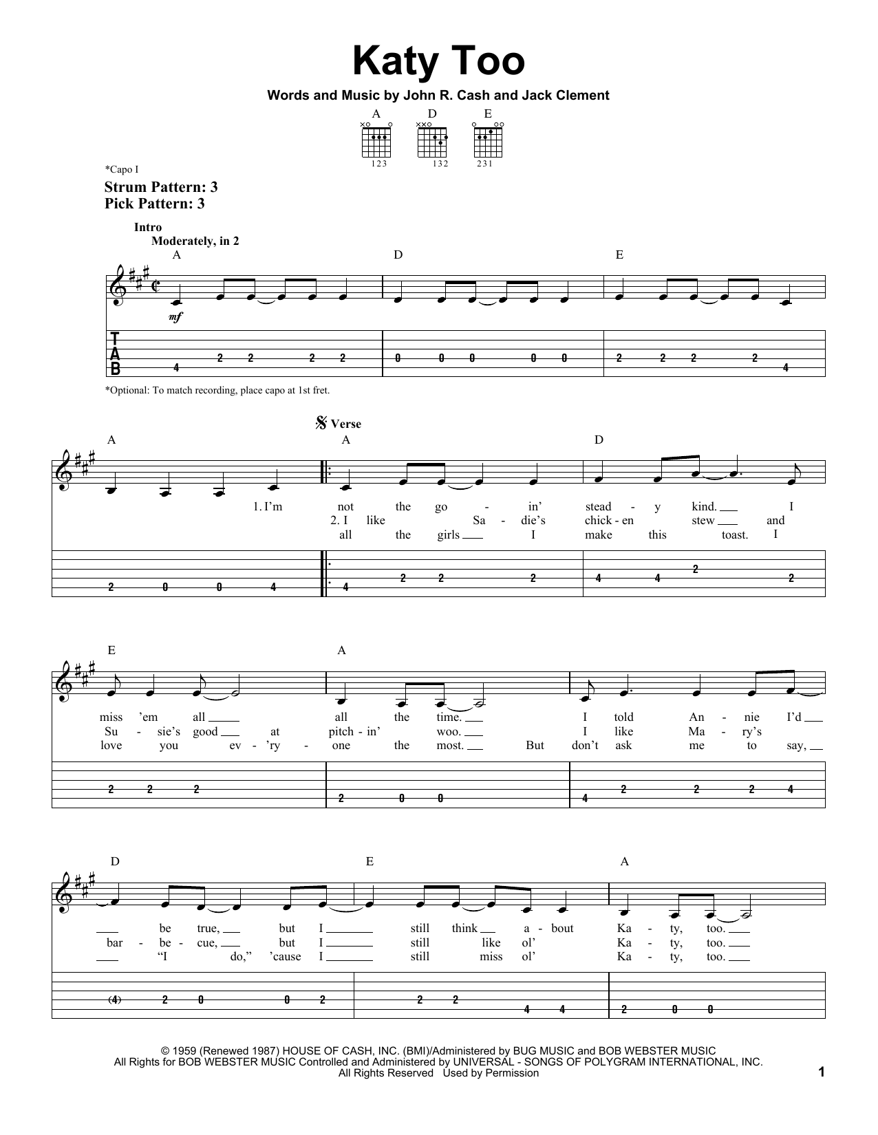 Johnny Cash Katy Too Sheet Music Notes & Chords for Easy Guitar Tab - Download or Print PDF