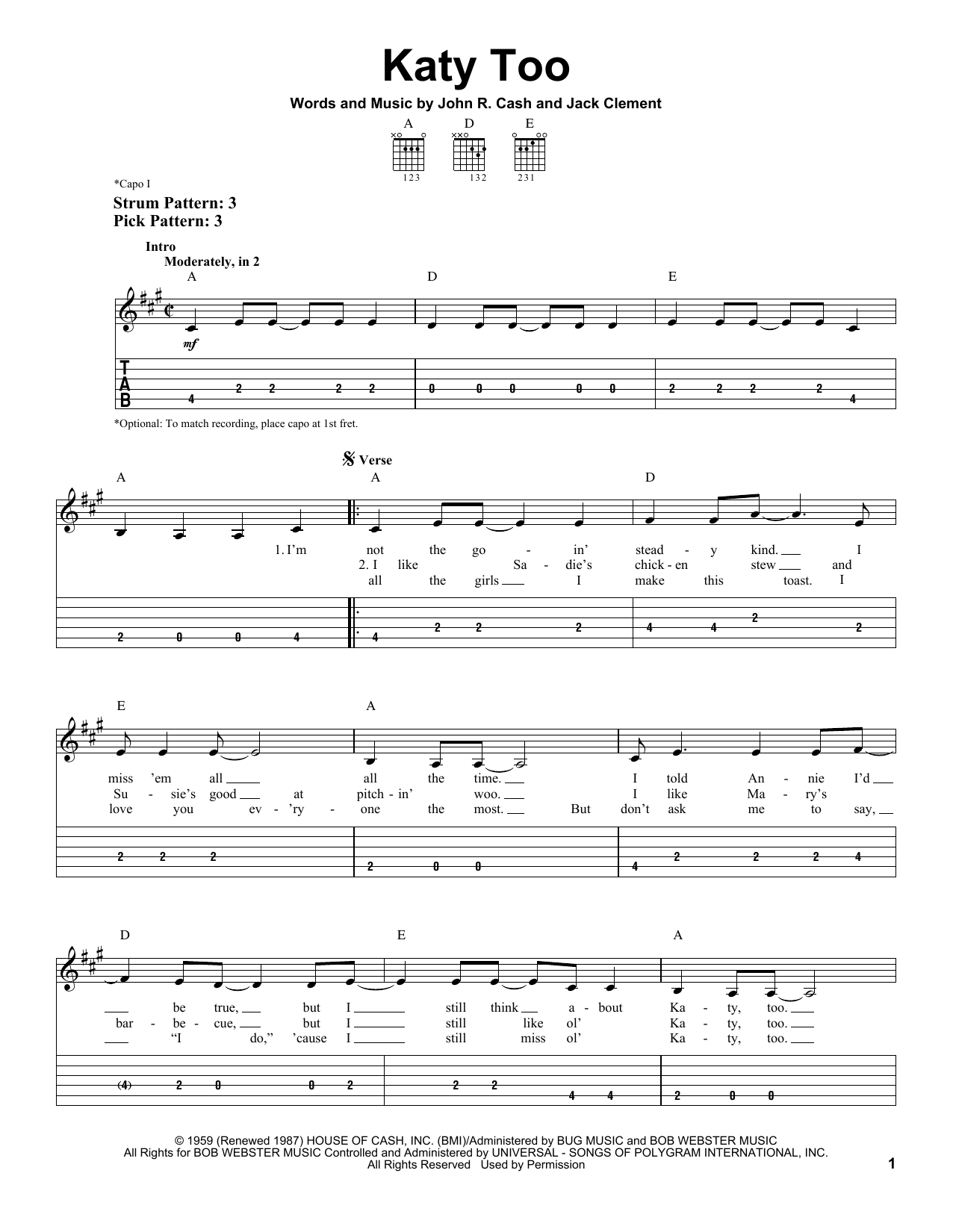 Johnny Cash Katy Too Sheet Music Notes & Chords for Piano, Vocal & Guitar (Right-Hand Melody) - Download or Print PDF