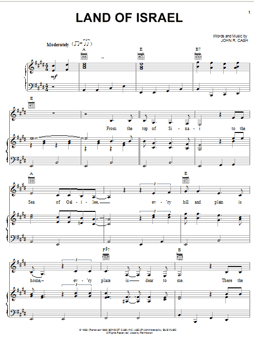 Johnny Cash Land Of Israel Sheet Music Notes & Chords for Piano, Vocal & Guitar (Right-Hand Melody) - Download or Print PDF