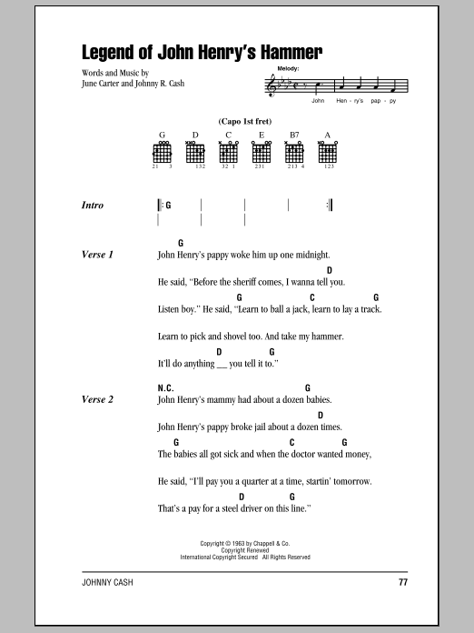 Johnny Cash Legend Of John Henry's Hammer Sheet Music Notes & Chords for Piano, Vocal & Guitar (Right-Hand Melody) - Download or Print PDF