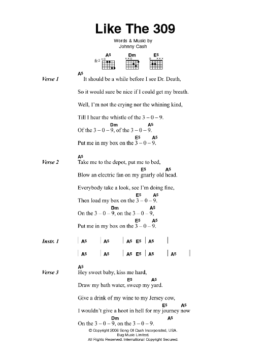 Johnny Cash Like The 309 Sheet Music Notes & Chords for Lyrics & Chords - Download or Print PDF