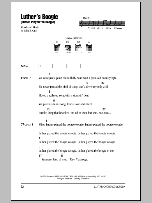 Johnny Cash Luther's Boogie (Luther Played The Boogie) Sheet Music Notes & Chords for Piano, Vocal & Guitar (Right-Hand Melody) - Download or Print PDF