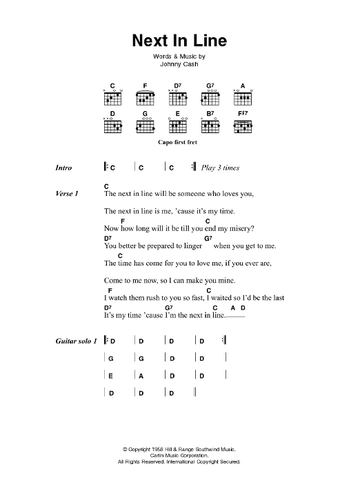 Johnny Cash Next In Line Sheet Music Notes & Chords for Lyrics & Chords - Download or Print PDF