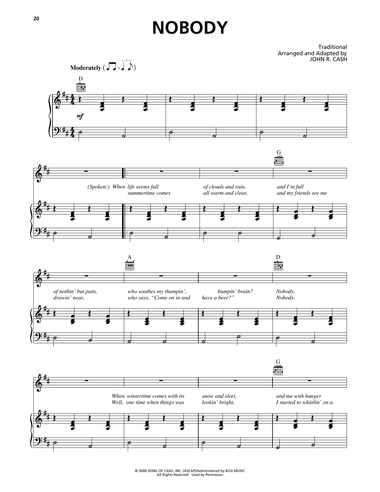 Johnny Cash Nobody Sheet Music Notes & Chords for Piano, Vocal & Guitar (Right-Hand Melody) - Download or Print PDF