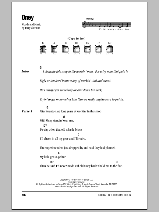 Johnny Cash Oney Sheet Music Notes & Chords for Piano, Vocal & Guitar (Right-Hand Melody) - Download or Print PDF