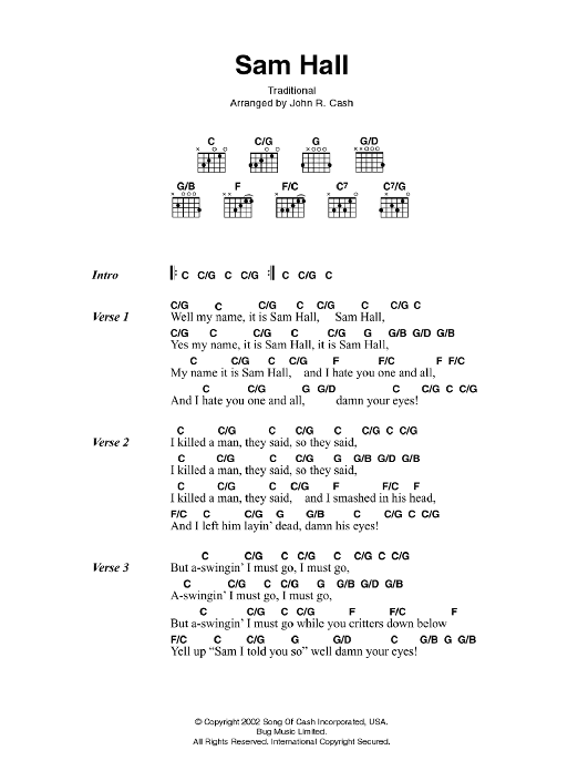 Johnny Cash Sam Hall Sheet Music Notes & Chords for Lyrics & Chords - Download or Print PDF