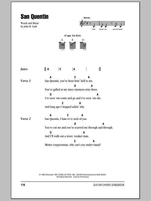 Johnny Cash San Quentin Sheet Music Notes & Chords for Lyrics & Chords - Download or Print PDF