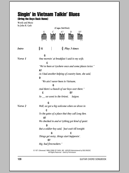 Johnny Cash Singin' In Vietnam Talkin' Blues (Bring The Boys Back Home) Sheet Music Notes & Chords for Piano, Vocal & Guitar (Right-Hand Melody) - Download or Print PDF
