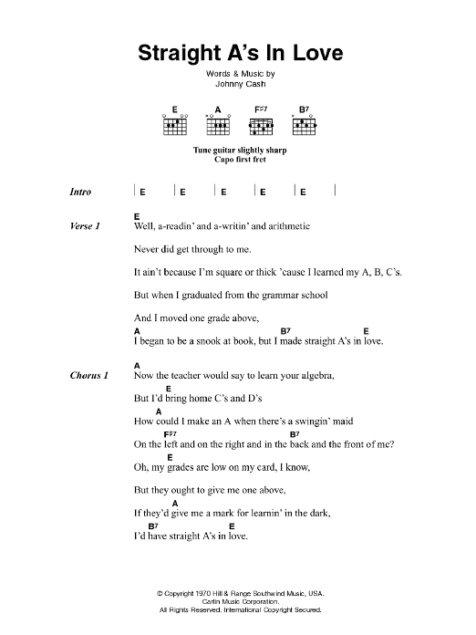 Johnny Cash Straight A's In Love Sheet Music Notes & Chords for Lyrics & Chords - Download or Print PDF