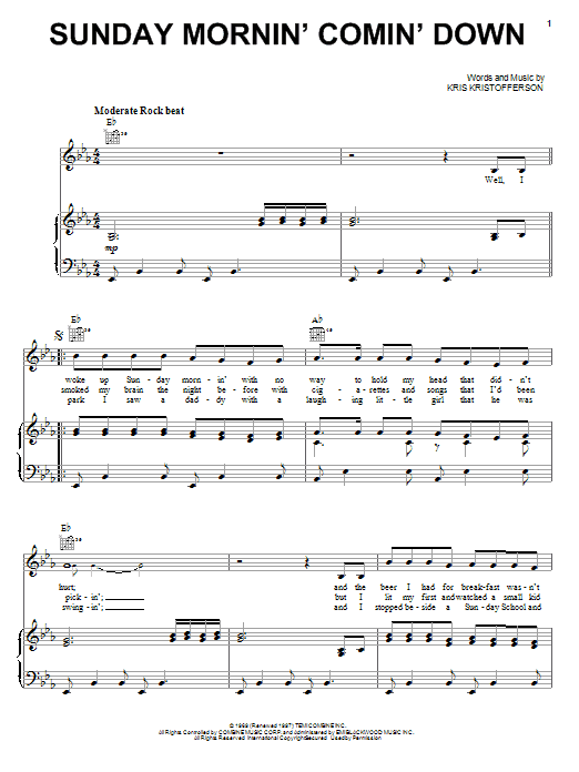 Johnny Cash Sunday Mornin' Comin' Down Sheet Music Notes & Chords for Voice - Download or Print PDF