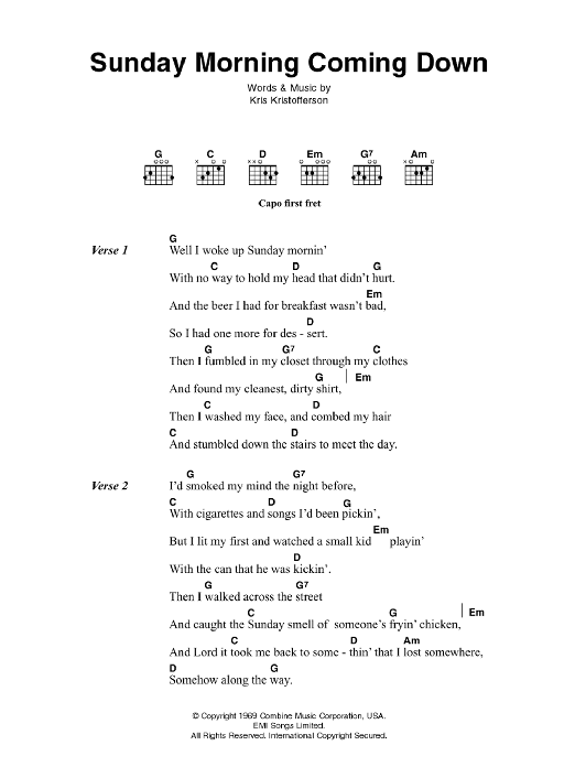 Johnny Cash Sunday Morning Coming Down Sheet Music Notes & Chords for Lyrics & Chords - Download or Print PDF