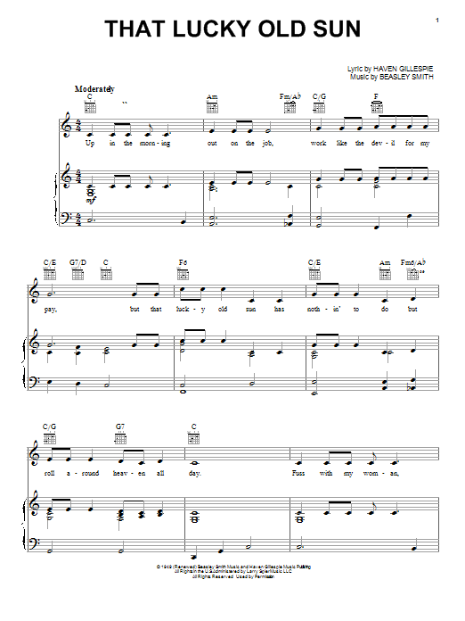 Johnny Cash That Lucky Old Sun (Just Rolls Around Heaven All Day) Sheet Music Notes & Chords for Piano, Vocal & Guitar (Right-Hand Melody) - Download or Print PDF