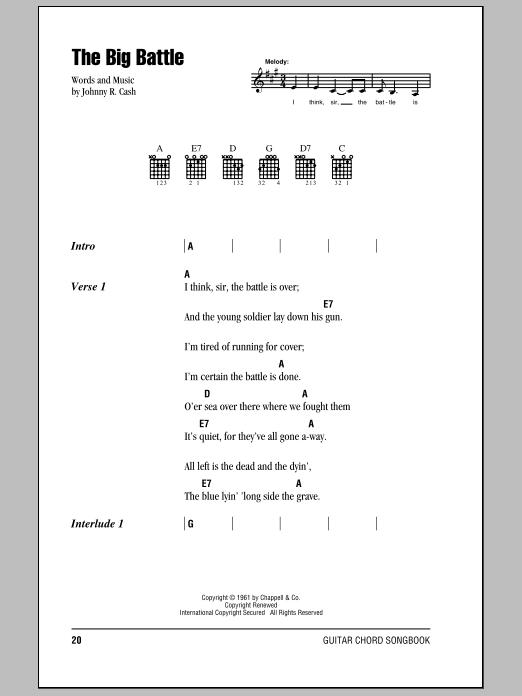 Johnny Cash The Big Battle Sheet Music Notes & Chords for Lyrics & Chords - Download or Print PDF