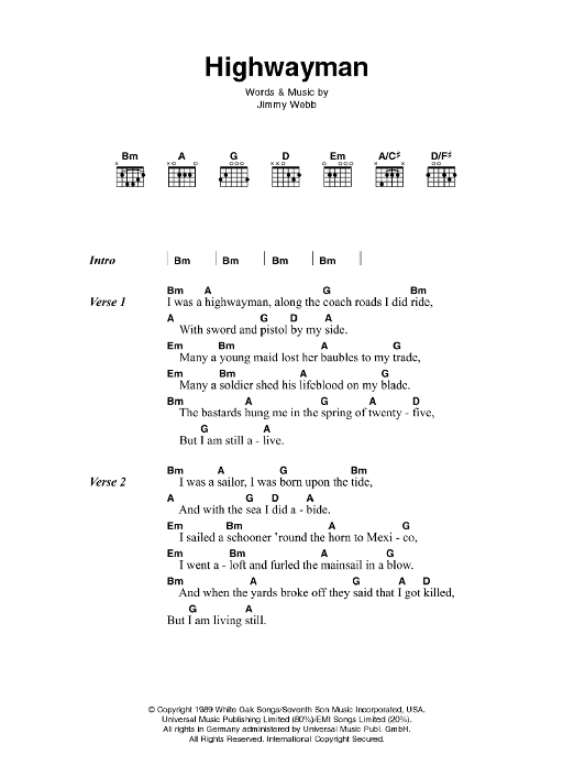 Johnny Cash Highwayman Sheet Music Notes & Chords for Lyrics & Chords - Download or Print PDF