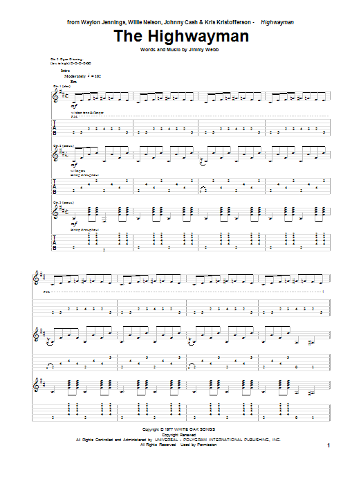 Johnny Cash The Highwayman Sheet Music Notes & Chords for Guitar Tab - Download or Print PDF